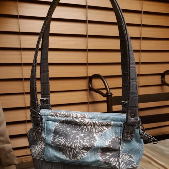 New Vinyl Double handle Shoulder Satchel Bag Purse Blue Gray Dandelion Floral - Picture 2 of 14